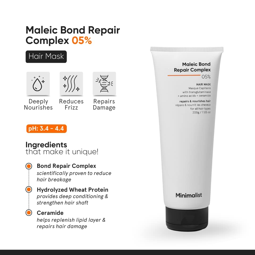 Minimalist Hair Mask For Repairing Dry,7.05 fl oz Damaged & Dull Hair | Maleic Bond Repair Complex 05% With Transglutaminase, For Damaged & Controls Frizzy Hair | For Women & Men Unscented