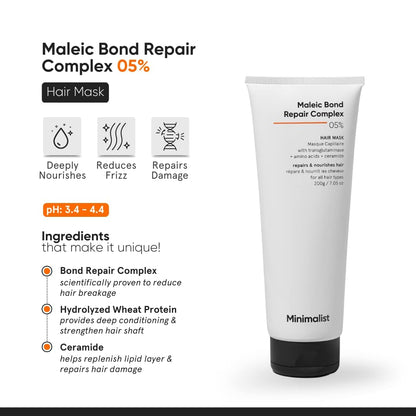 Minimalist Hair Mask For Repairing Dry,7.05 fl oz Damaged & Dull Hair | Maleic Bond Repair Complex 05% With Transglutaminase, For Damaged & Controls Frizzy Hair | For Women & Men Unscented