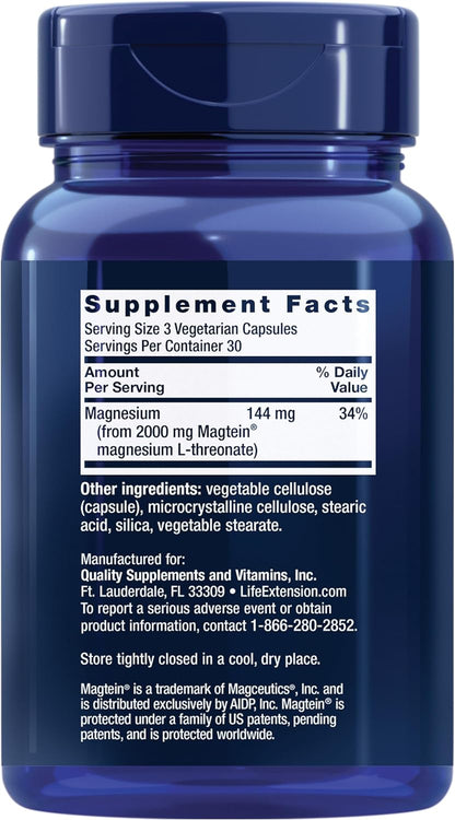 Life Extension Neuro-mag Magnesium L-threonate, Magtein, Magnesium Supplement, Brain Health, Memory & Attention, Gluten Free, Vegetarian, Non-GMO, 90 Vegetarian Capsules