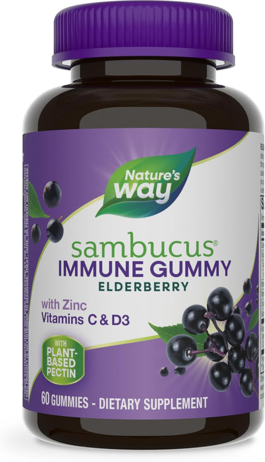 Nature’s Way Sambucus Elderberry Immune Gummies, with Vitamin C, Vitamin D3, Zinc, Gluten Free, Vegetarian, 60...