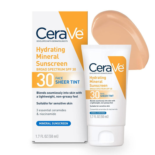CeraVe Hydrating Mineral Sunscreen with Sheer Tint | Tinted Mineral Sunscreen with Zinc Oxide & Titanium Dioxide | Blends Seamlessly For Healthy Glow | Tinted Moisturizer with SPF 30 | 1.7 Fluid Ounce - Beauty Store